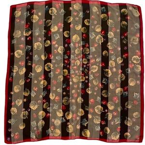 VINTAGE LAURA ASHLEY Black and Red Chiffon and Satin Stripe Leaves/Floral Scarf